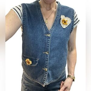 Union Bay Vintage Denim Festival Hippie Hand painted Sunflower Floral Vest
